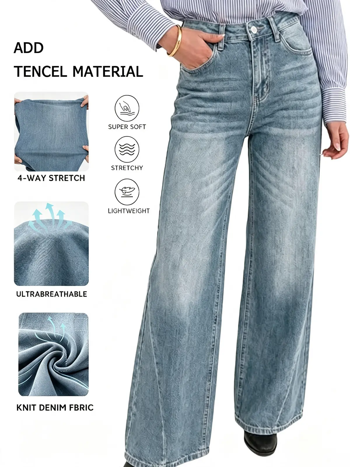 Flowyair Women's High Waisted Baggy Wide Leg Jeans, Tencel Stretch Denim Pants, Lightweight Vintage Wash, Comfy Casual Trendy Streetwear for Everyday, Gym & Travel