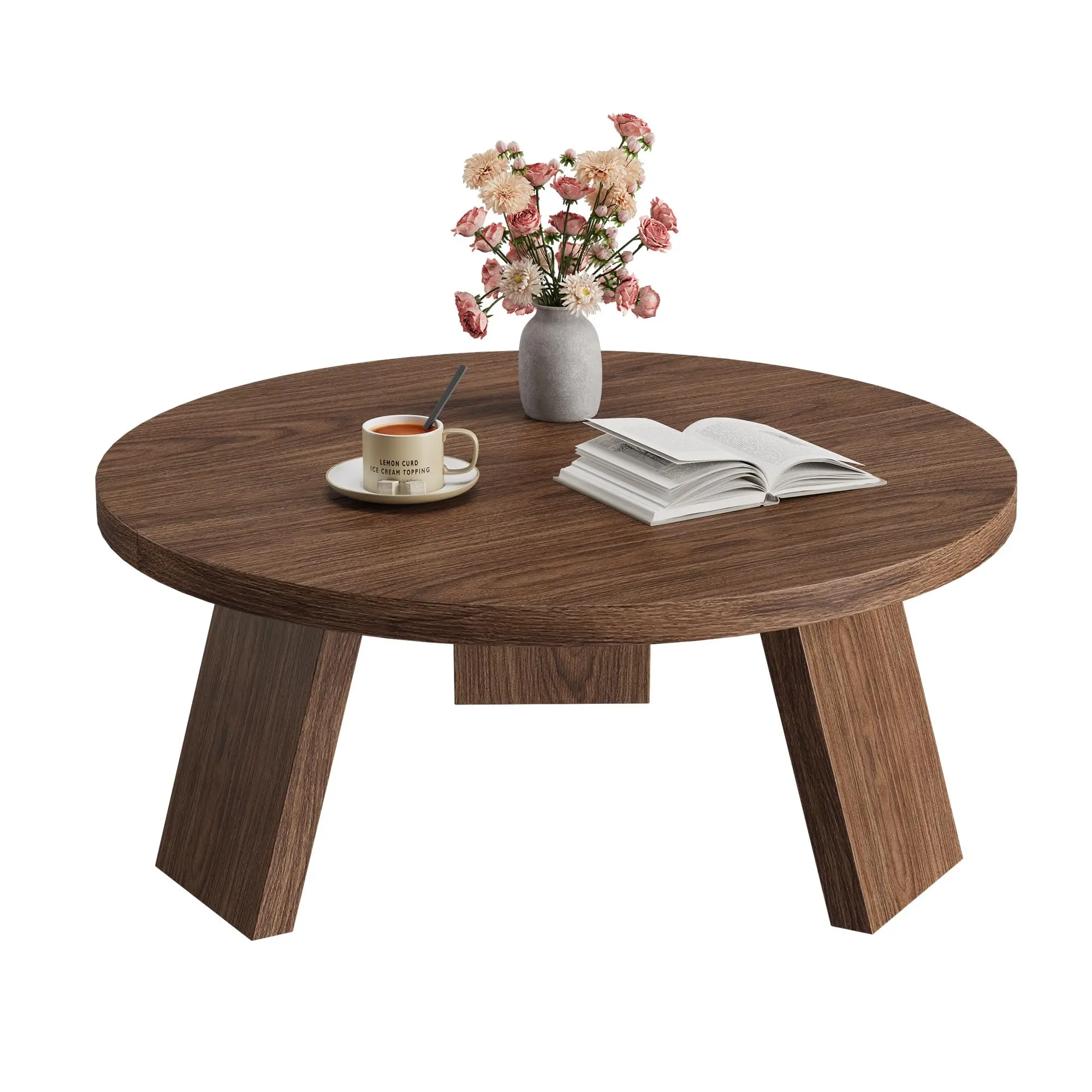 Round Coffee Table with Inclined Legs, Modern Wooden Circle Center Table, Accent Cocktail Tables for Living Room, Bedroom, Easy Assembly