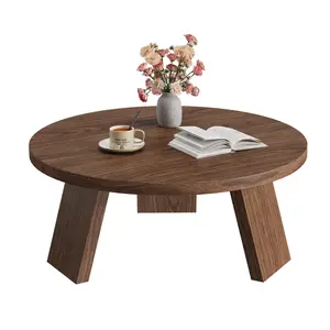 Round Coffee Table with Inclined Legs, Modern Wooden Circle Center Table, Accent Cocktail Tables for Living Room, Bedroom, Easy Assembly