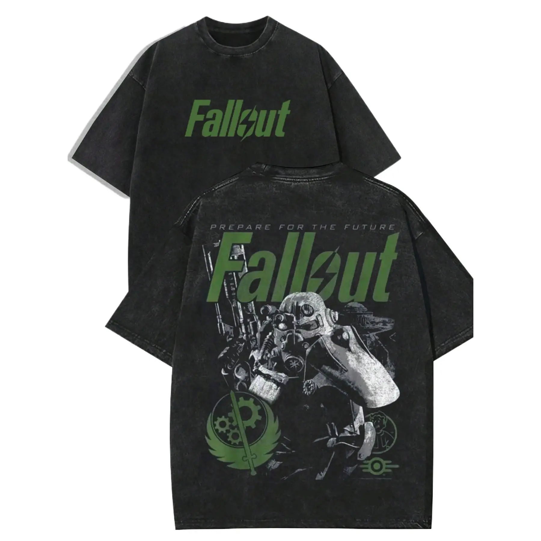 Men's Vintage Washed Black Cotton Fallout Graphic Short-Sleeve T-Shirt - Unisex Round Neck, Retro Distressed Brotherhood of Steel Power Armor Post-Apocalyptic Print, Sci-Fi Streetwear Casual Top for Daily Outdoor Wear, Chic, Preppy, Watch Party