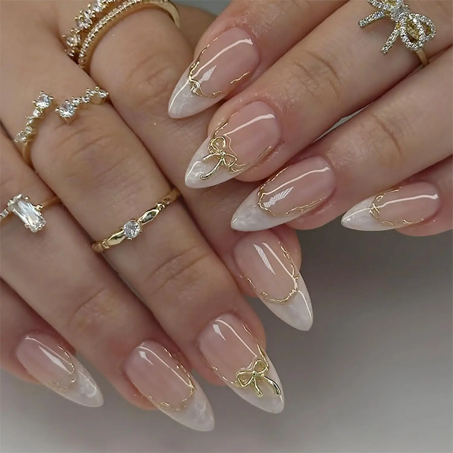 24PCS White French Tip Press On Nails Medium Almond, 3D Bow Acrylic Fake Nails with Gold Line Design, Glossy Glue On Nails Kit for Women