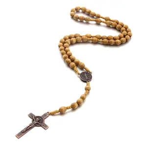Handmade Weave Saint Benedict Medal Antique Wooden Rosary Jesus for Cross Neckla
