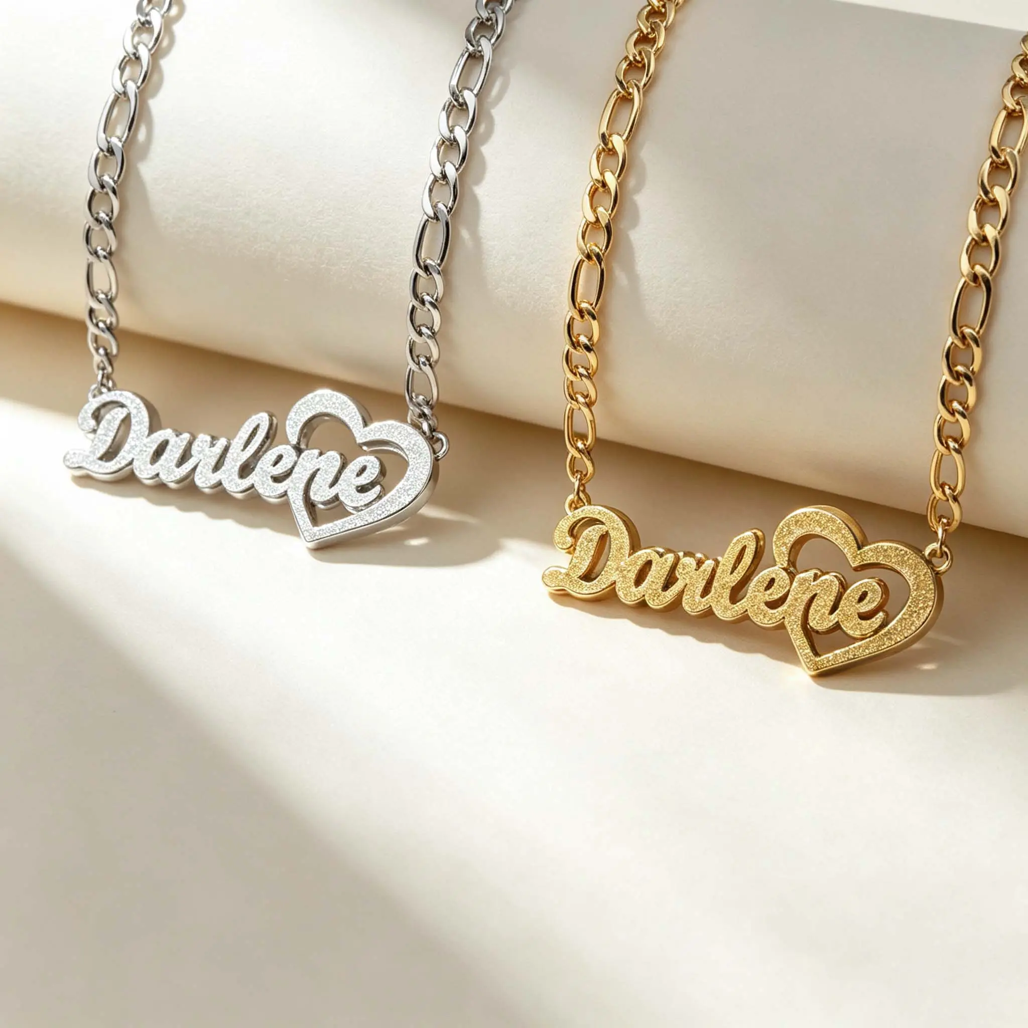 GGIRL 18k Gold-Plated Custom Heart-Shaped Name Necklace | Personalized Openwork Heart-Shaped Name Pendant | Multiple Fonts Available | Satin-Finish Figaro Chain | A Romantic And Heartfelt Custom Gift For Birthdays, Anniversaries, Or Valentine'S Day