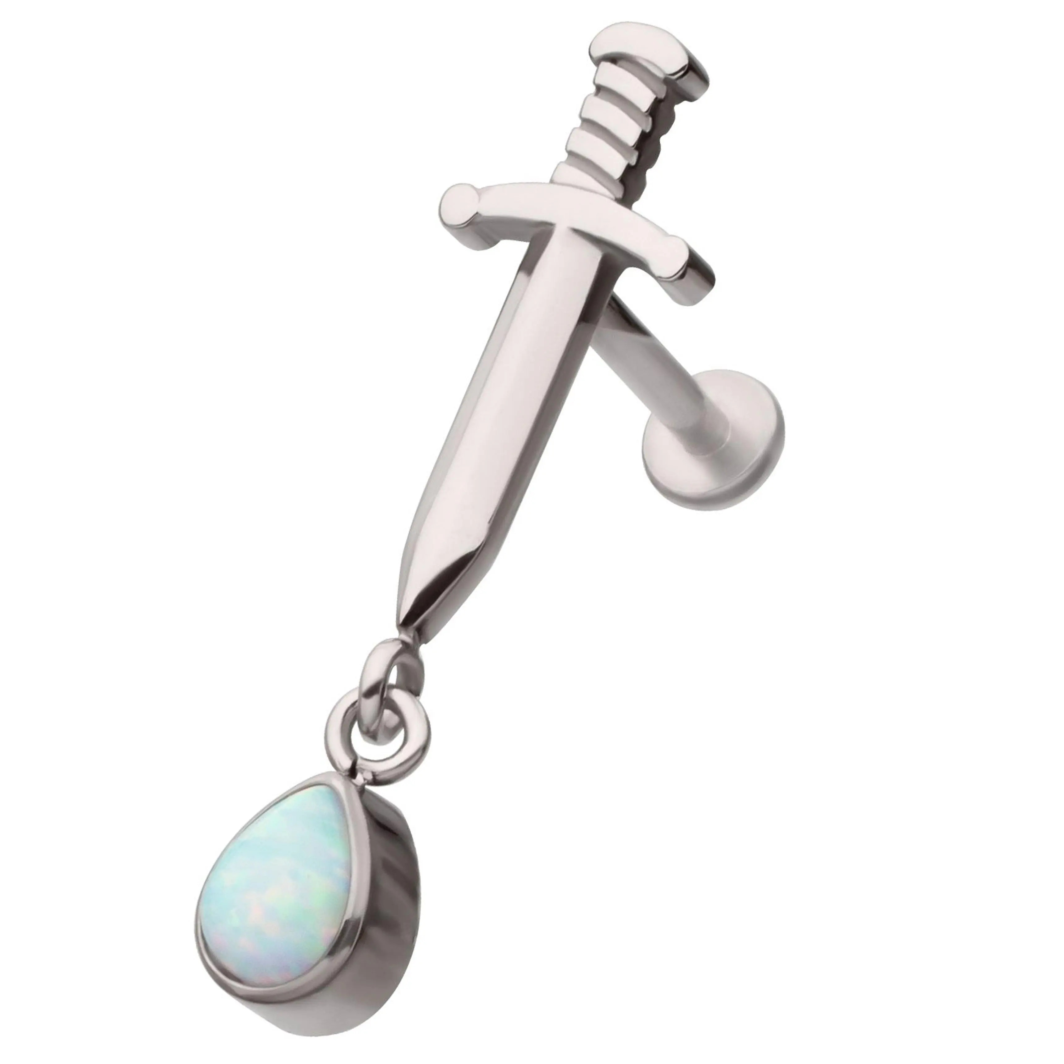 Dagger Dangle Teardrop White Opalite Stainless Steel Internally Threaded Labret