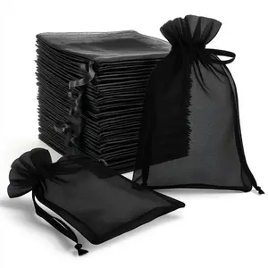 100 Pack Black Organza Gift Bags with Drawstring, 6" x 9" – Wedding Party Favor Bags