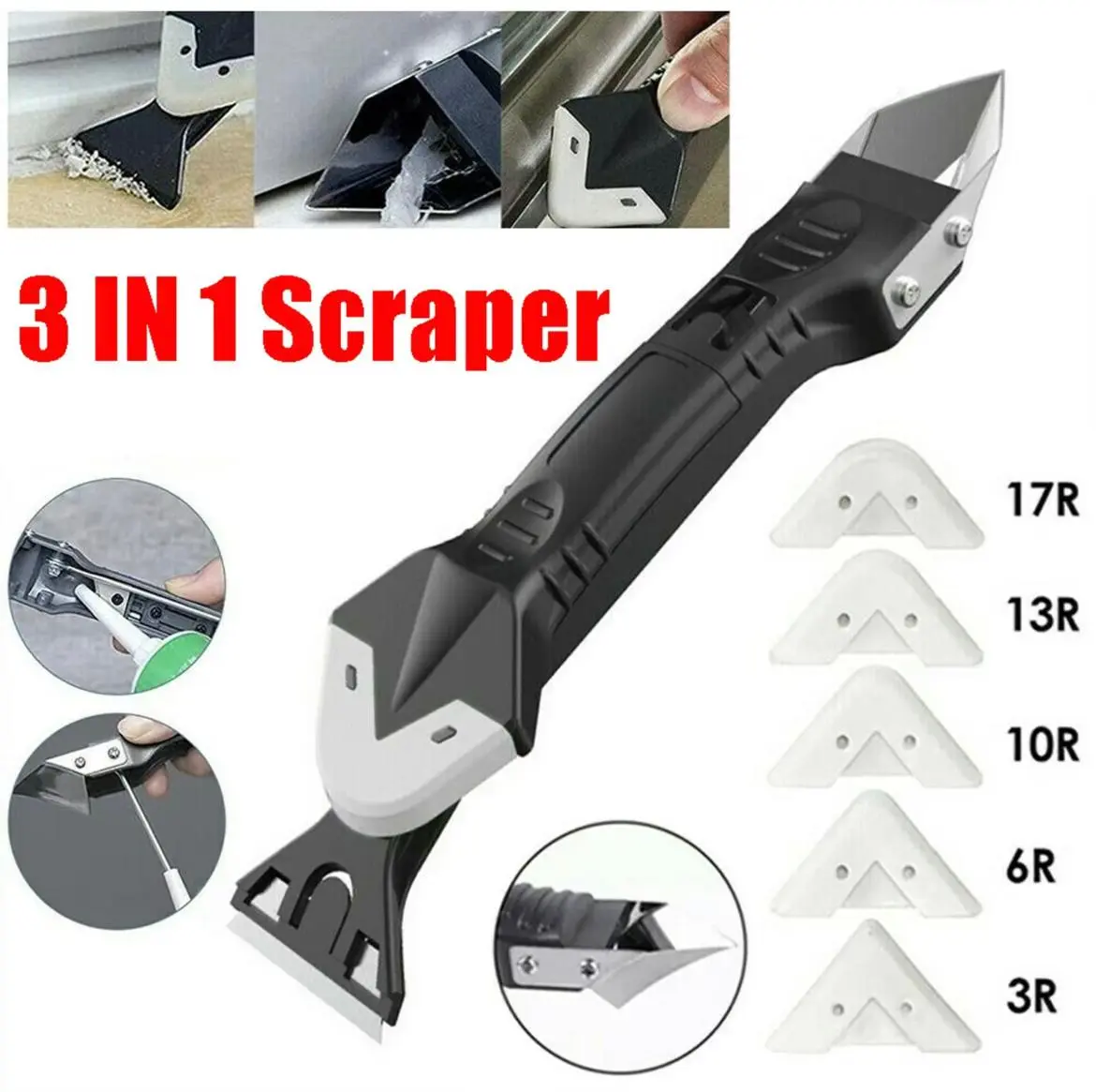 3-in-1 Silicone-Plastic-Metal Head Scraper Tool - Multi-Size Interchangeable 3R,6R,10R,13R,17R Pads (5 Pad Radius Fit), Stainless Steel Grout Set for Caulking Mould Removal, Grout Removal + Finish, Indoor-Outdoor Caulking (Masonry & Tiling Hand Tool)