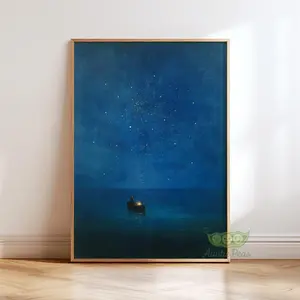 [Sale off up to 50%] [Free ship] [No Frame] Gustav Klimt Night Sea Print, Starry Boat Painting, Dreamy Blue Ocean Wall Art, Surreal Modern Vintage Poster, Tranquil Celestial Sky Decor