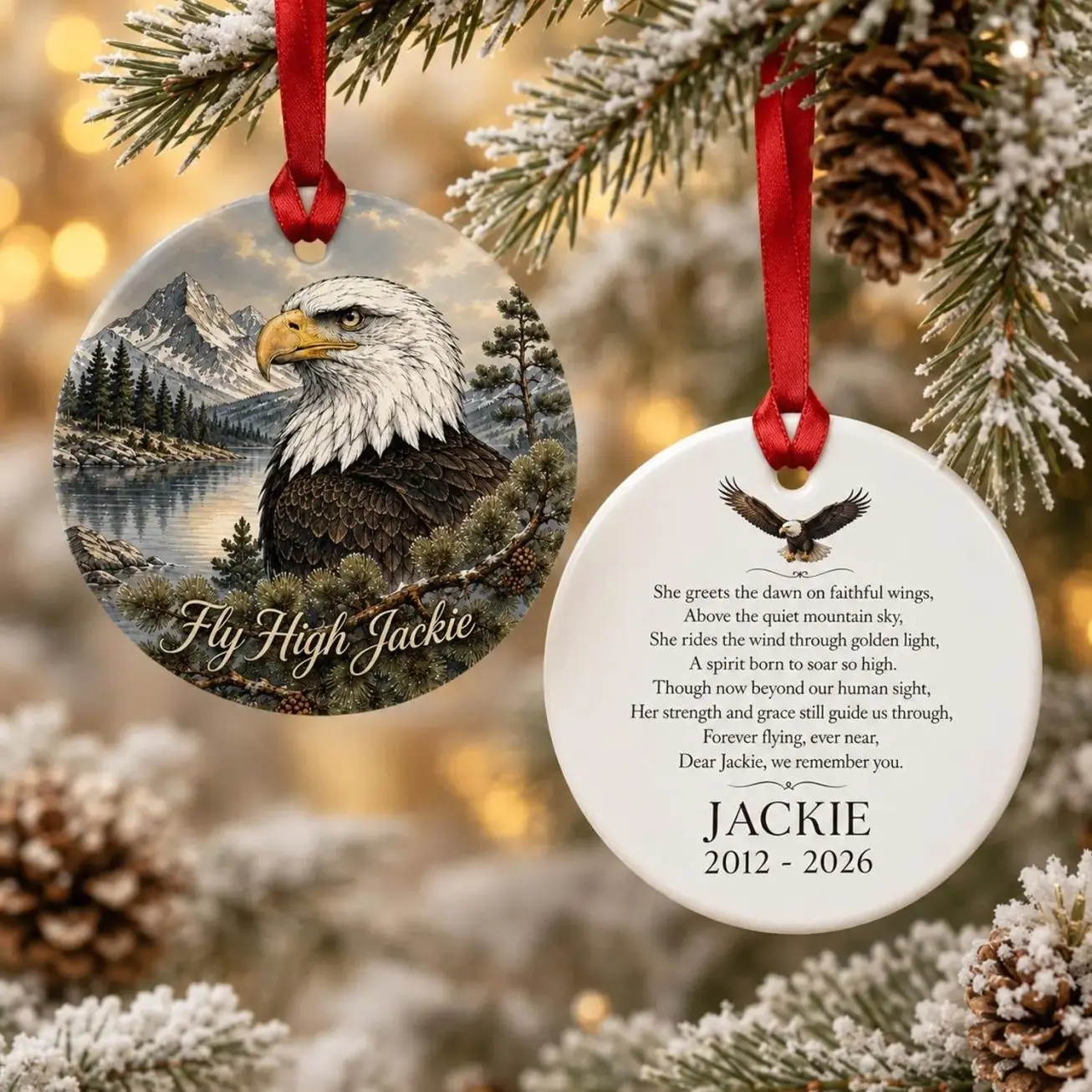 Bald Eagle Memorial Ornament, Personalized Fly High Christmas Keepsake, Custom Remembrance Gift with Name Dates and Memorial Poem