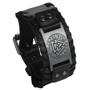 OIDEA Mens Viking Leather Bracelet, Norse Rune Valknut Amulet Punk Cuff Wristband, Adjustable Nordic Pagan Jewelry Gift for Men Women