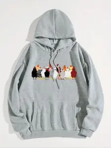 Women's Cartoon Chicken Print Drop Shoulder Drawstring Hoodie, Fashion Casual Pocket Hooded Sweatshirt for Daily Holiday Outdoor Wear, Women Clothing for Fall & Winter