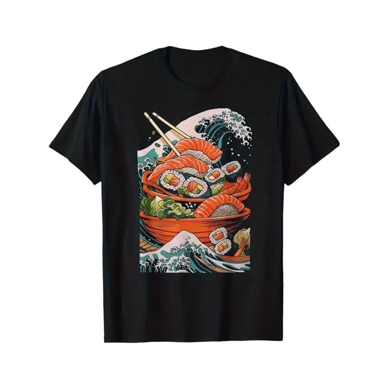 Men'S Japanese Sushi Graphic T-Shirt - Black Crew Neck Tee with Salmon, Nori & R EVU