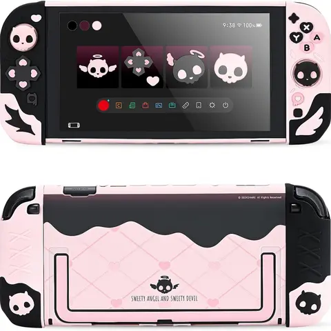 Geekshare Switch 2 Console Protective Case Set with Protection, PC Back Plate, Silicone Dual Joystick Covers, 2 Grip Add-ons, Skull Print (Black & Pink) for Esports Fans - Gaming & Console Controller Accessories