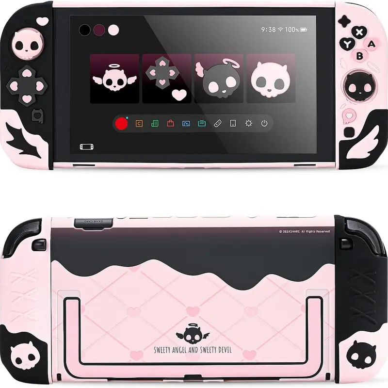 Geekshare Switch 2 Console Protective Case Set with Protection, PC Back Plate, Silicone Dual Joystick Covers, 2 Grip Add-ons, Skull Print (Black & Pink) for Esports Fans - Gaming & Console Controller Accessories