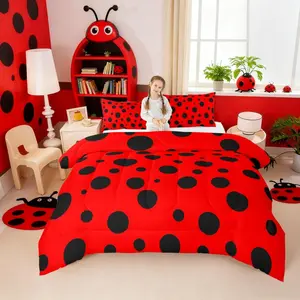 Ladybug Comforter Set,Red and Black Bedding Set,Kids Girls Women,Adults Polka Dot Pattern Comforter,Cartoon Ladybug Theme Quilted Duvet Set,Bedroom