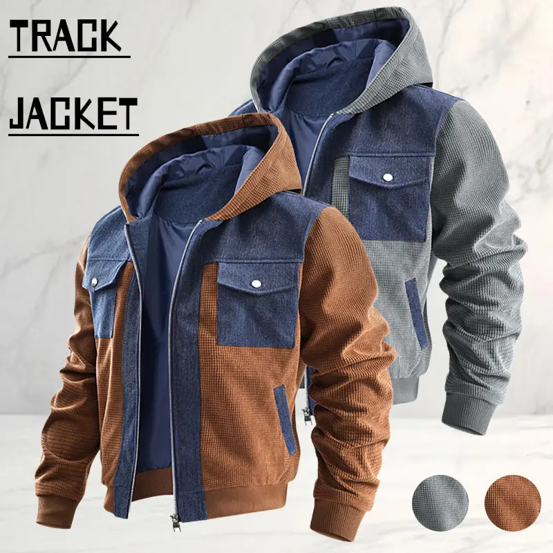 Denim patchwork waffle-knit zip-up hoodie jacket, American vintage workwear style, denim patch pockets paired with textured fabric and a color-contrast design, full-zip closure with smooth lining fabric, ribbed hem for a secure fit, suitable for young men