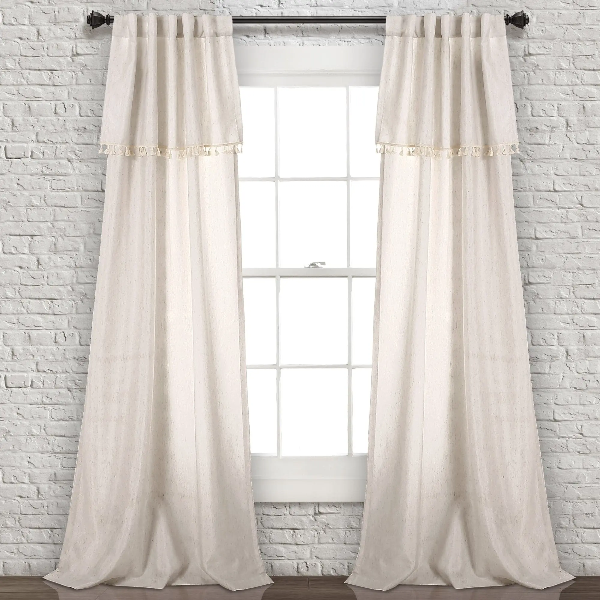 Lush Décor Ivy Tassel Home Decoration Curtain Panel Set - Soft Fabric, Decorative Tassels, 3" Back Tab Rod Pocket, 40"W x 63"/84"/95"L, Neutral/Gray, Ideal for Home Use