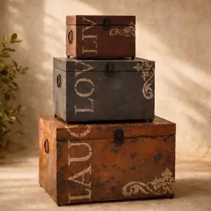 Set of 3 Scroll Brown Metal Vintage Live, Love, Laugh Storage Trunk Decorative Trunk