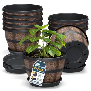 10-Inch Whiskey Barrel Planters Pack of 10, Durable Plastic Pots with Drainage & Saucer for Indoor Outdoor Plants