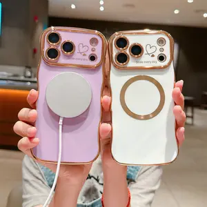 MagSafe Case For Samsung Galaxy S26 Ultra S25 S24 S23 Plus for Women ， Soft Cute Wave Frame Curly Shape Love Heart Luxury Plating Phone Case Compatible with MagSafe Shockproof Back Cover