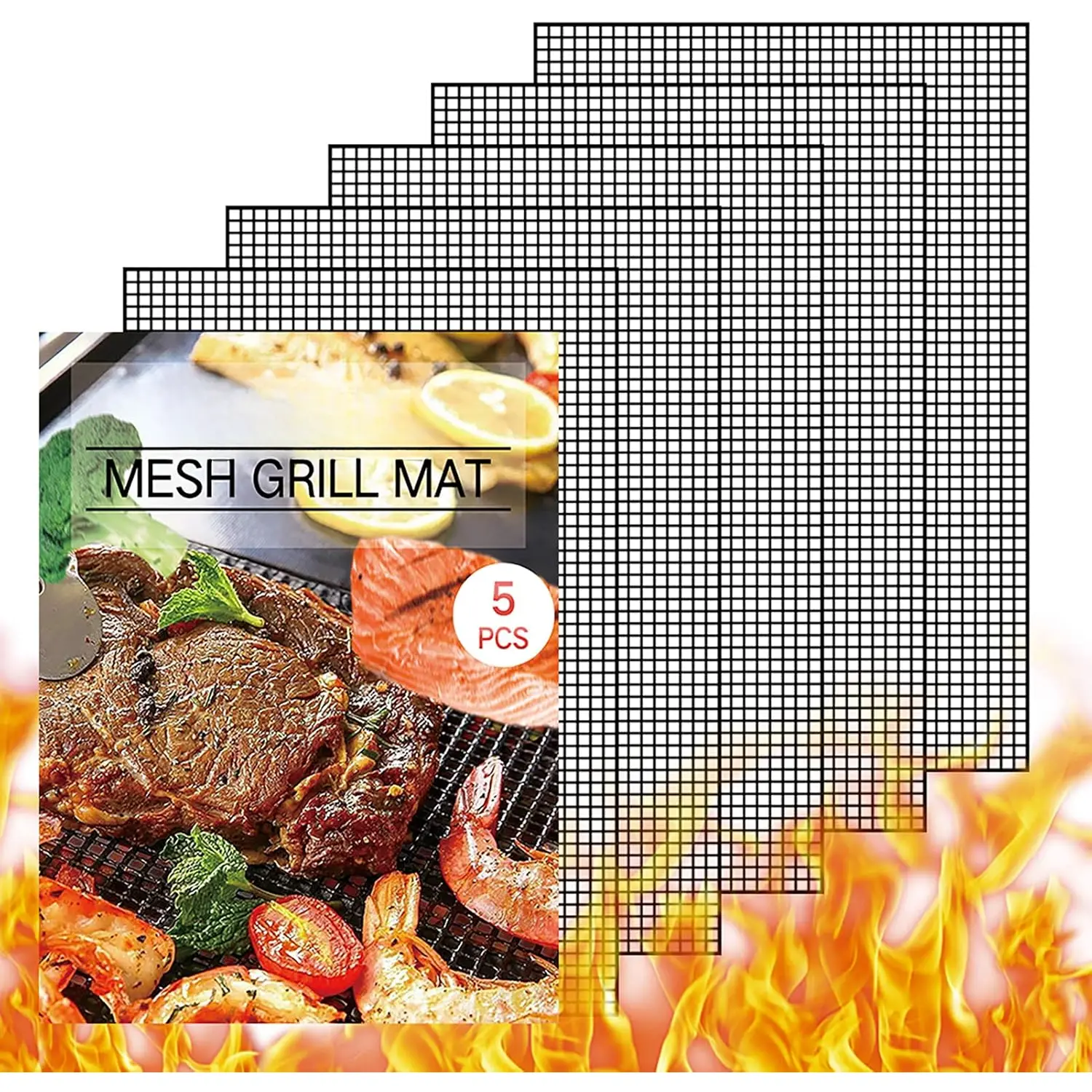 Grill mesh mat - Set of 5 Non Stick BBQ Grill mats, Heavy Duty,  Grilling mats, Easy to Clean - Works on Gas, Charcoal, Pellet Grill - 15.75 x 13 in, Black