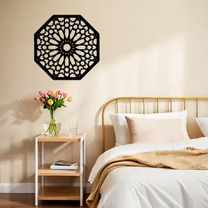 2D flat, 1 piece of Islamic metal wall decoration - black wrought iron Islamic geometric mandala star with Arabic style pattern, 2D flat Muslim home decoration, suitable for Ramadan and Eid al Fitr, indoor/outdoor decoration