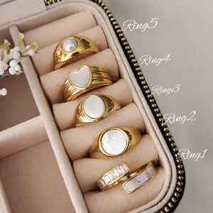 Gold Filled Mother Of Pearl Signet Rings by Brand Name - Waterproof Hypoallergenic Handmade Jewelry for Adults 18k Gold Details Tarnish-Free Sizes 6US 7US 8US