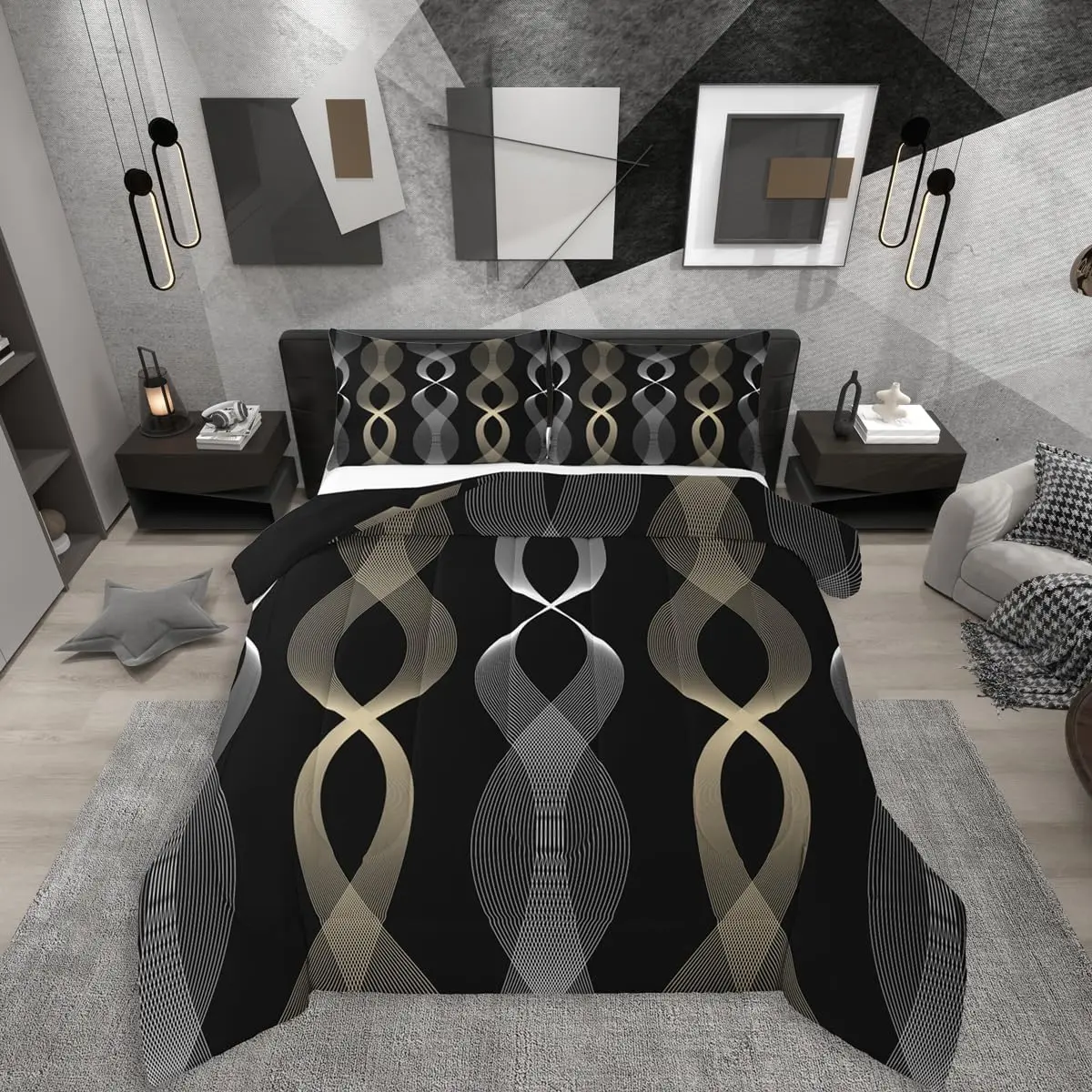 Feelyou Queen Bed Comforter Set - Breathable Microfiber, Black and Gold Stripe Duvet, Contemporary Boho Modern Ombre Geometric Artistic Quilt, Decorative Bedding Set