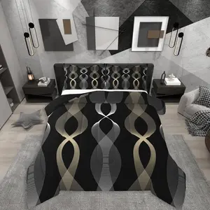 Black and Gold Bedding Set,Gold Striped Abstract Comforter Set,Contemporary Boho Modern Art Quilt,Ombre Geometric Stripes Artistic Comforter
