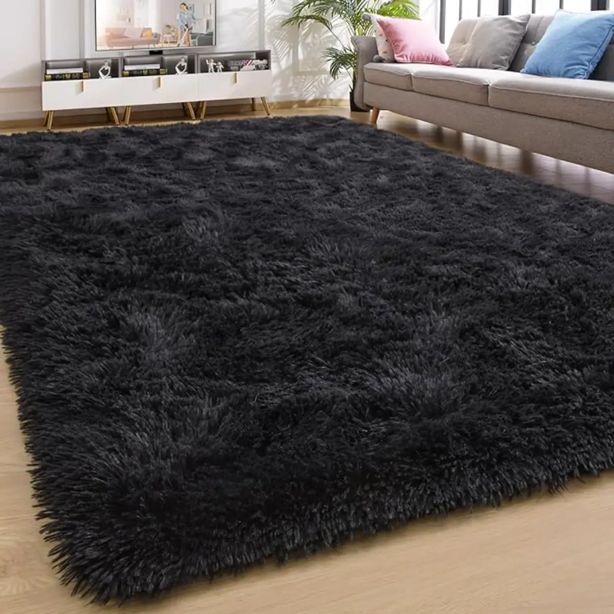 Black Shag Soft Area 4x6 Ft Rugs - Plush Carpet for Nursery, Living Room, Kids' Rooms, Indoor Decor, Indoor Modern Fuzzy Rug