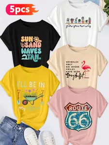 5-Pack Women's Crew Neck T-Shirts, Plant & Flamingo / Gardening & Route 66 Print Set, Multiple Colors Available, Machine Washable, Spring & Summer Casual Top, Soft Skin-Friendly Fabric, Daily Versatile, Fashion Design