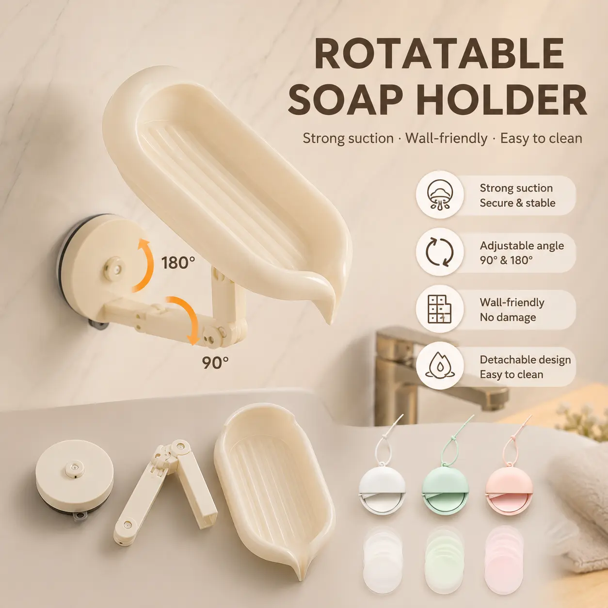 1 Count, Suction Cup Soap Holder Adjustable 90 and 180 Degrees, Detachable Drain Tray for Bathroom Kitchen Wall and Countertop Storage
