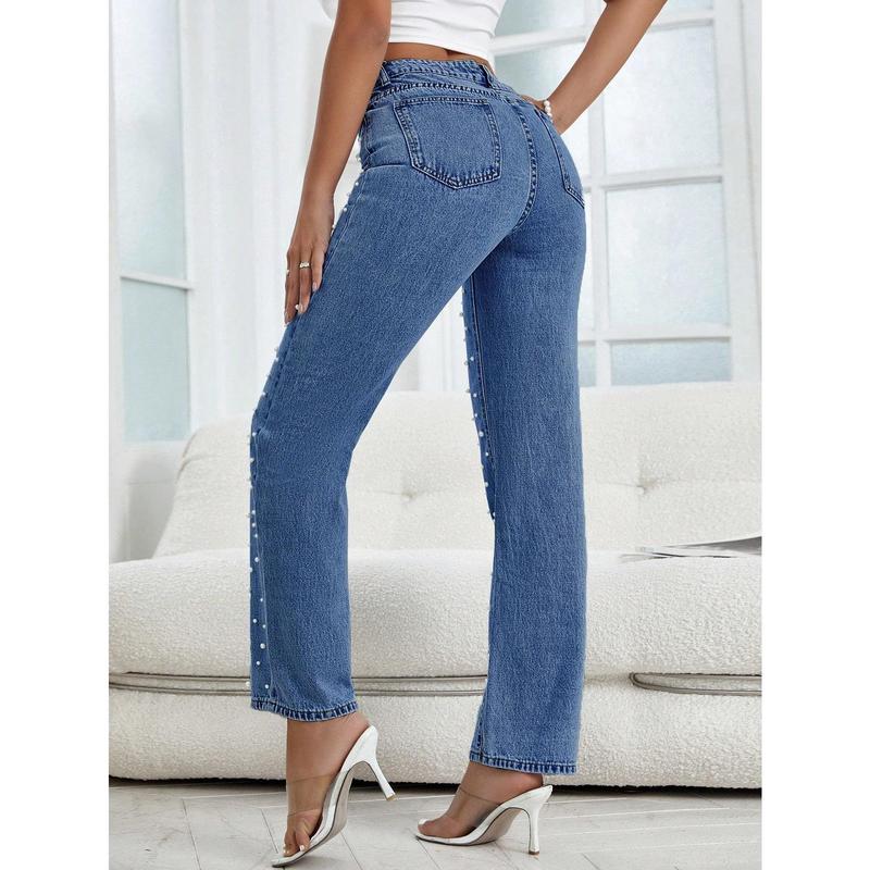 Elegant Women's Straight Leg Pearl Jeans Baggy High Waisted Casual Boyfriend Sparkly Denim Pant Trouser Middle Wash Cotton Blend