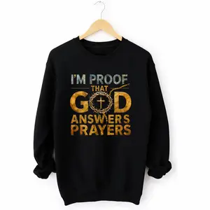 Men’s Long Sleeve Sweatshirt Featuring ‘God Answers Prayers’ Quote and Elegant Religious Symbols
