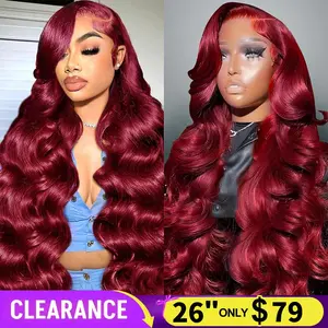 13x4 99j Body Wave Burgundy Lace Front Wigs Human Hair HD Transparent Wine Red Burgundy Human Hair Lace Front Wigs for Women 180 Density Pre Plcked Human Hair Lace Frontal Wig with Baby Hair 22 Inch Lace Closure Wigs Loose Body Wigs