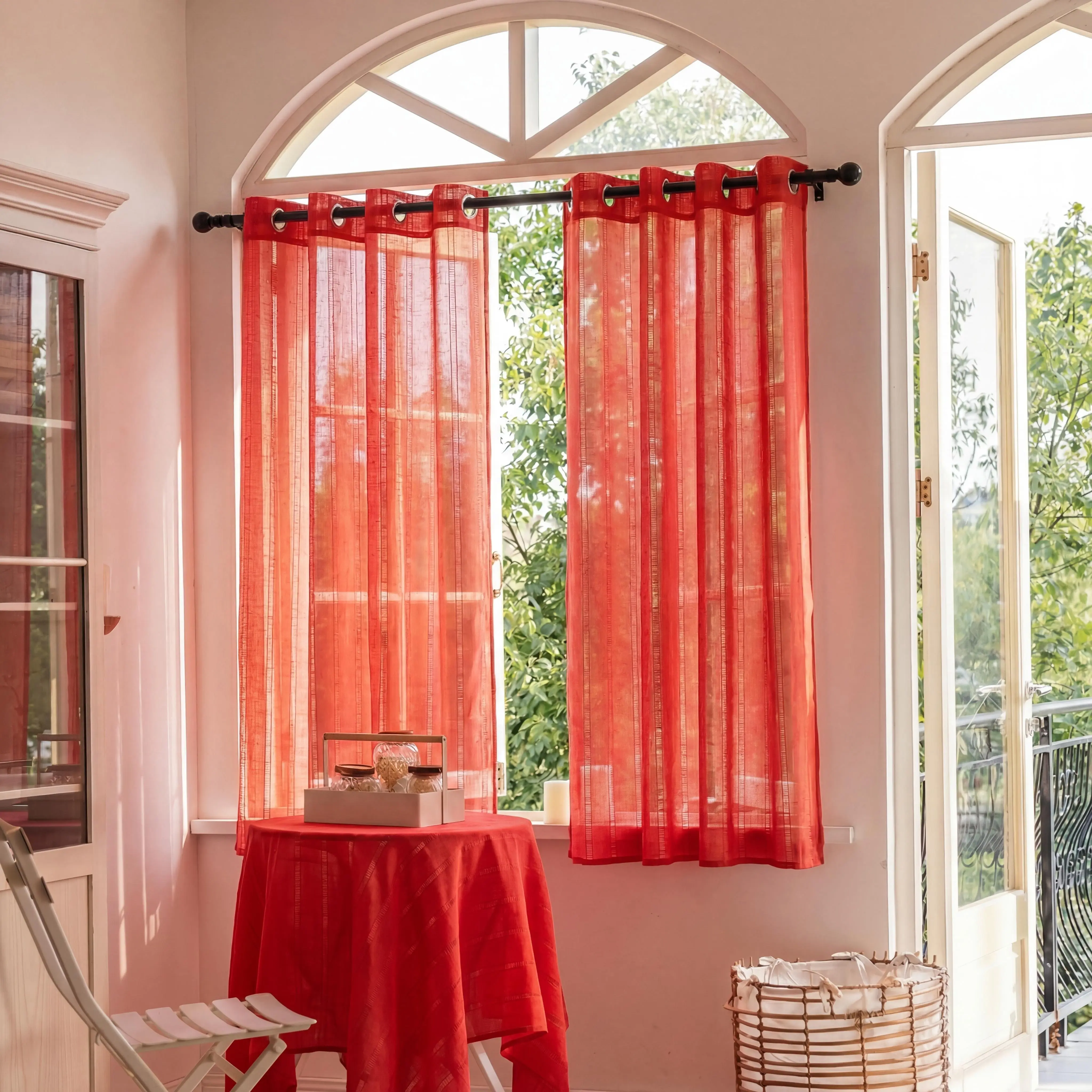4 Pcs 52x63 inch Bamboo Gauze Net Curtains with Delicate Hollow-Out Stripes, Grommet Top Airy Sheer Drapes, Lightweight Solid Fabric Window Curtains for Bedroom Living Room Home Decor FT6664, Light Filtering, Net Curtains Window