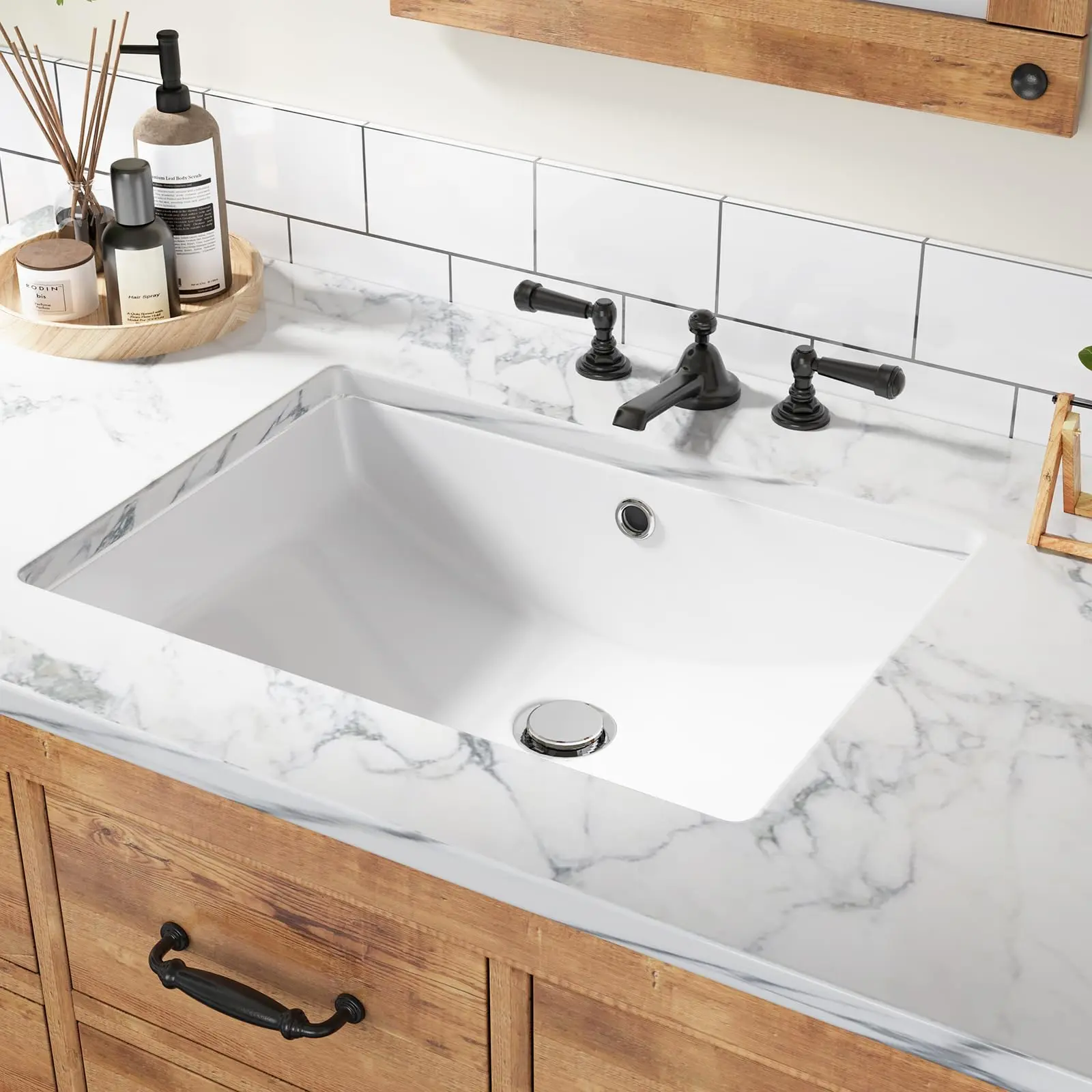 White Fireclay Ceramic Undermount-Top Mount Rectangular Vessel Sink - 22x16 in Stainproof Waterproof Modern Lavatory Basin for Bathroom Vanity Cabinet, Minimalist, Solid Gloss
