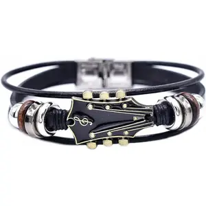 Retro Faux Leather Guitar Bracelet, Zinc Alloy Rock Music Guitar Leather Bracelet Punk Handmade Braided Multi-Layer Wrap Guitar Shape Decorative Cuff Bracelet Musical Enthusiast Gift