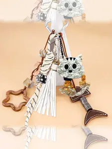 Luxury Acrylic Cat Keychain Fish Pendant PU Leather Fishbone Keychain Cat Pendant Lanyard With Star & Tassel Charms Animal Kitten Keychain Accessories Bag Purse Charms Car Keys Phone Pendant Handbag Backpack Bag Charm Men Women Keyring  Hanging Ornament