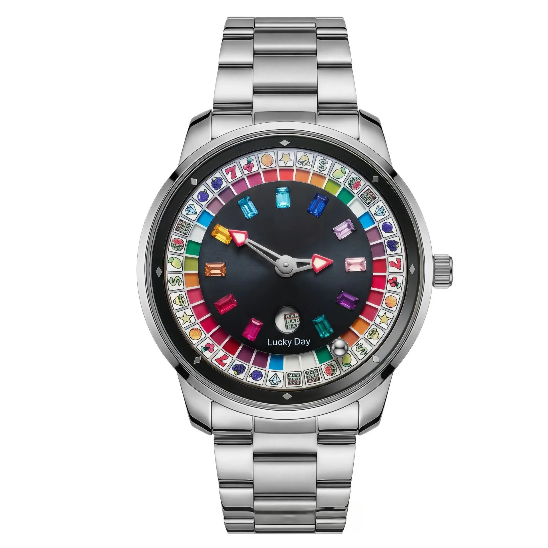 Men’s High Quality Analog Quartz Luxury Dress Watch - Gemstone Wristwatch, Elegant Exquisite Round Face, Multicoloured Zircon-Inlaid Dial, Slot Machine Fruit & Lucky Symbol Rotating Inner Ring, Polished Solid Metal Case, Silver/Rose Gold Formal Timepiece,