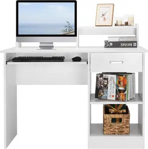 Multifunctional Desk with Keyboard Tray Home Office Computer Desk with Storage Pull-Out Drawer PC Workstation with Adjustable Shelf for Bedroom Study Office White E1 15MM Chipboard