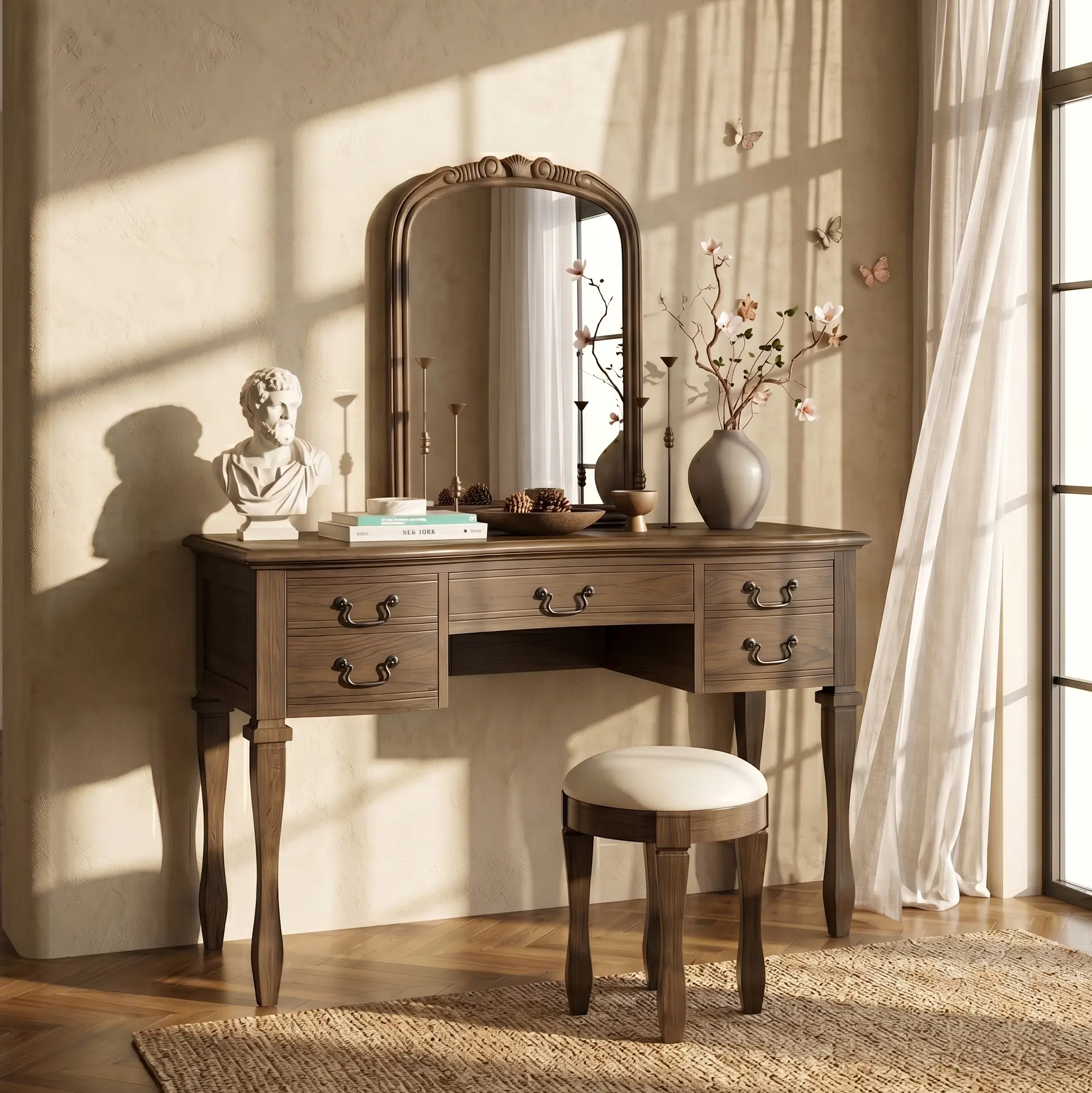 46" Vintage Makeup Vanity with Curved Flower Frame Mirror, Elegant Dressing Table with 5 Drawers and Leather Stool, Vanity Desk with Solid Wood Legs and Antique Handles for Bedroom,Espresso