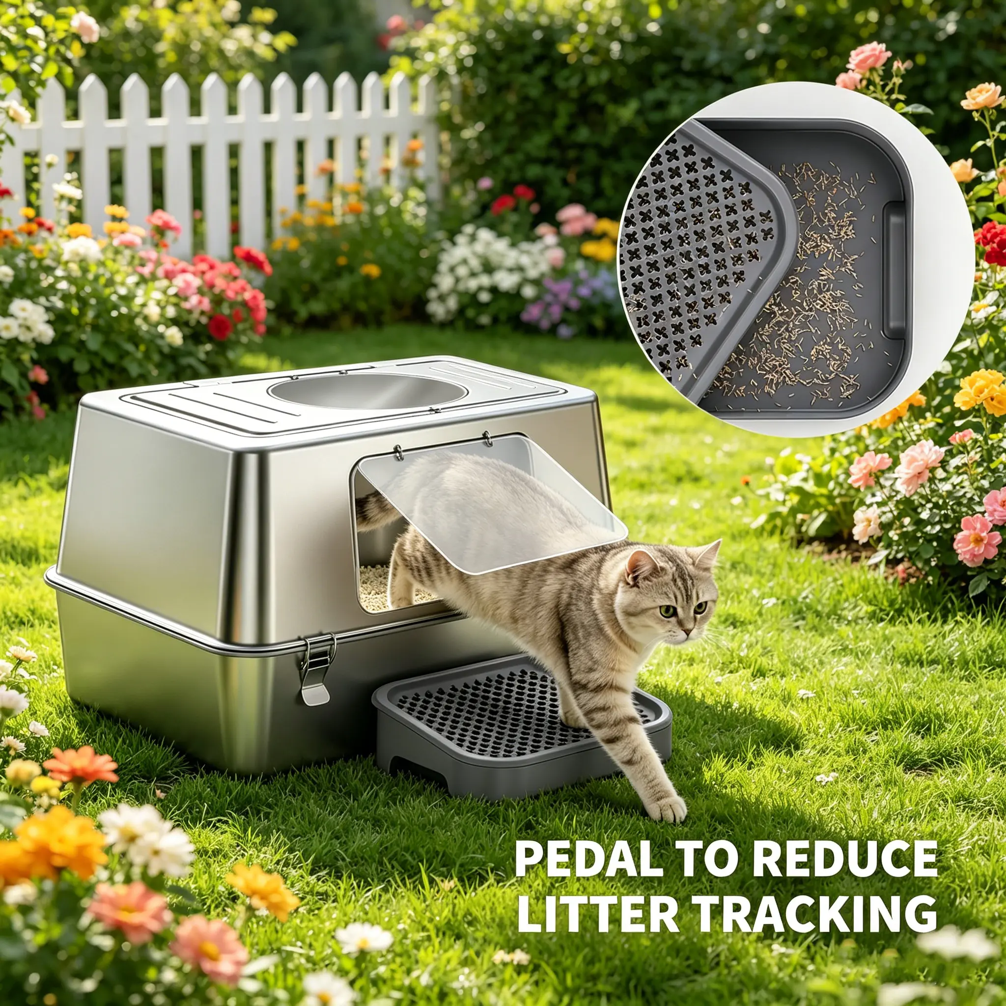 Extra Large Fully Enclosed Stainless Steel Cat Litter Box - Triple-Layer Leak-Proof, Odor-Control High-Sided Metal Kitty Potty with Scoop and Step Pedal