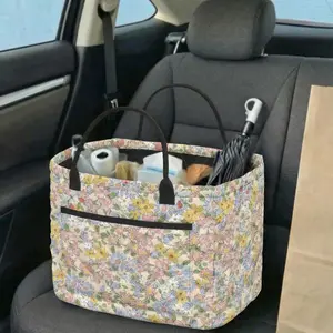 Quilted Fabric Storage Basket Ditsy Flower Design, Soft Padded Storage Tote for Clothes Books and Craft Supplies, Pretty Home Accent for Women and Teens, Ideal Organizer for Dorm Room and Modern Floral Decor Style