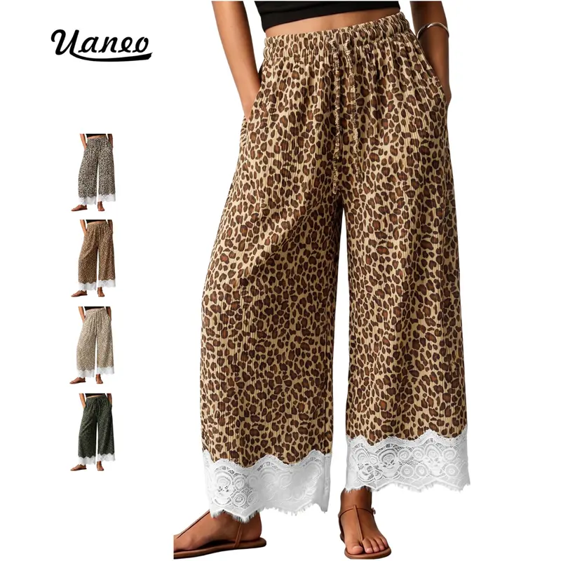 UANEO Women's Leopard Print Corduroy Wide Leg Cropped Pants, Elastic Drawstring High Waist Loose Culottes, White Lace Trim Hem Vintage Casual Baggy Trousers Y2K Streetwear
