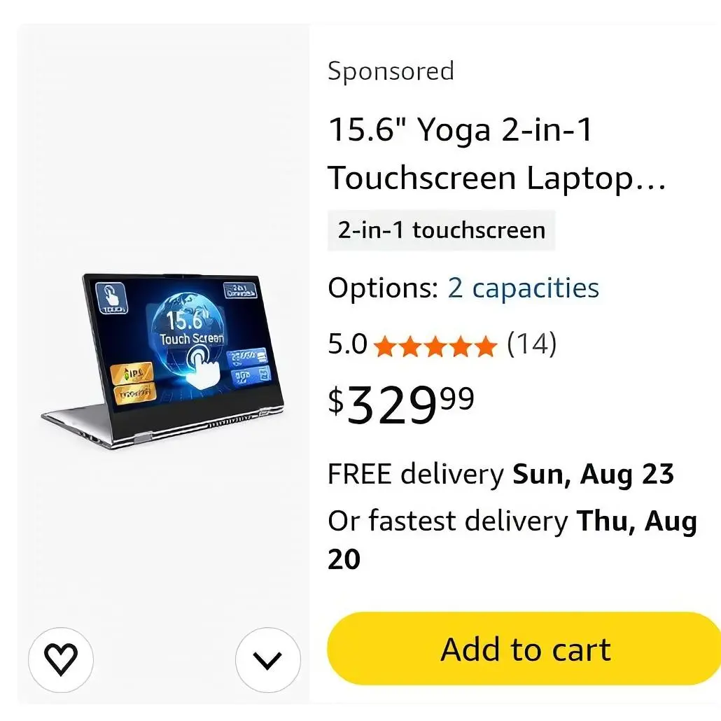 Yoga 2-in-1 15.6" Touchscreen Laptop with 2 Capacities Free Delivery
