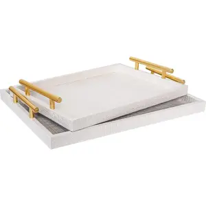 Modern Elegant Large  Serving Tray, Set of 2  White Crocodile Leather with  Polished Metal Handles, Home Decorative Rectangle Ottoman Platter Living Room Bathroom Vanity Tray