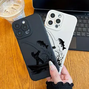 For anglers only! Black and white silhouette fishing pattern phone case. Liquid silicone fully encases for shock protection. Suitable for iPhone 17/16/15/14/13/12/1