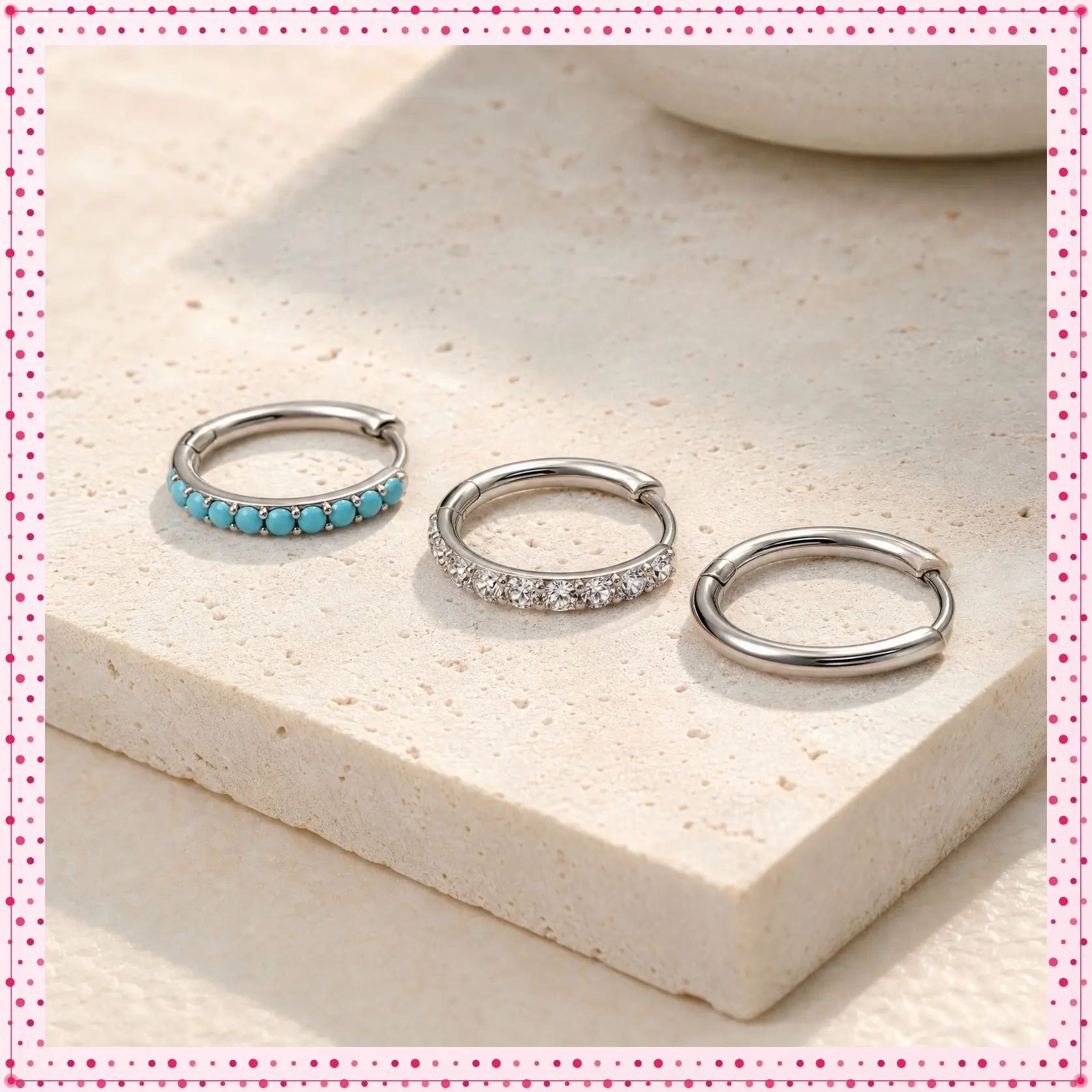 OUFER Women's 3-Piece Nose Hoop Rings Value Pack, 20G Hinged Stainless Steel Clickers with Turquoise & Gems, Non-Tarnish Body Jewelry, 6mm-8mm, Bodyjewelry, Valuepack, Stainlesssteel, Nosehoops, Nose Piercing, Non Tarnish Jewelry, Turquoise Jewelry