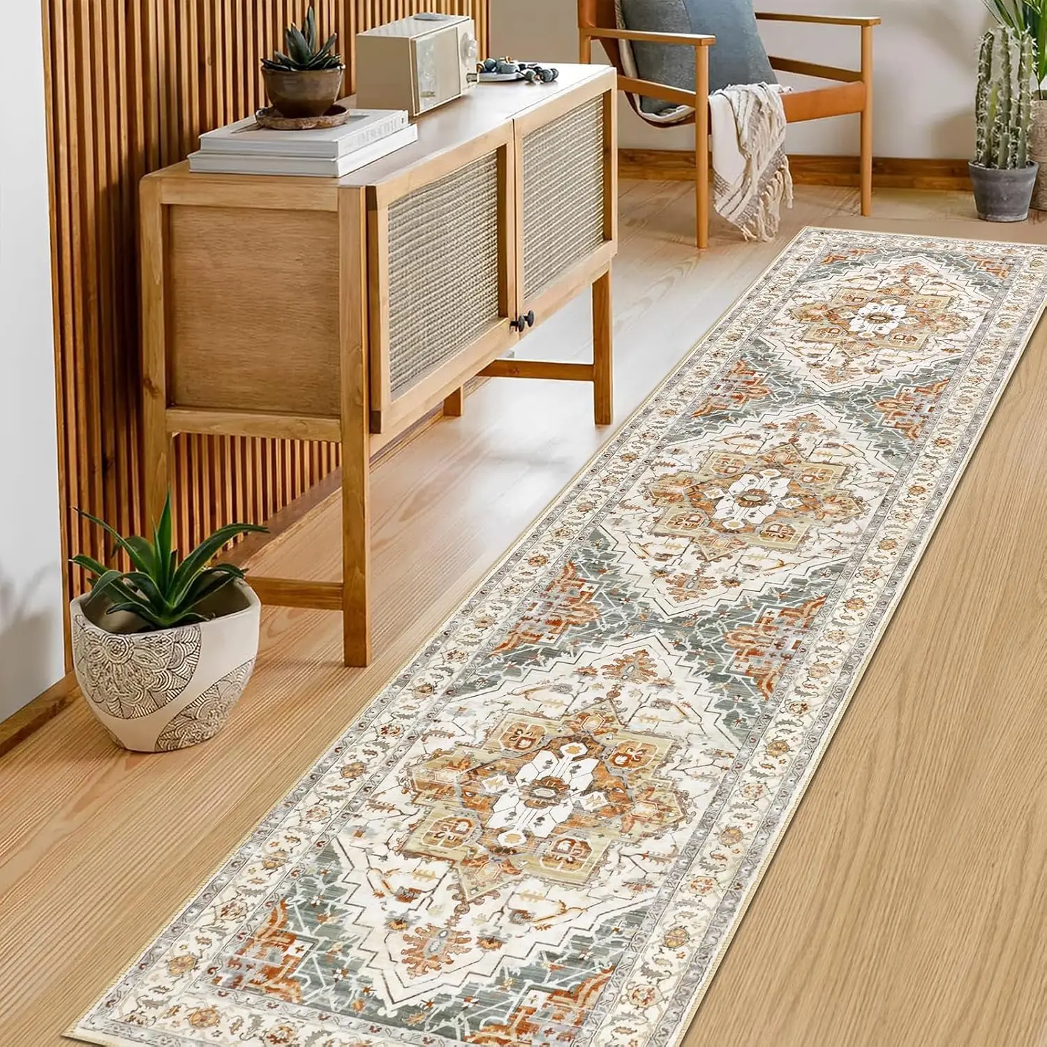 Vintage Runner Rug, Washable Throw Rug, Non Slip Medallion Mats, Soft Fluffy Low Pile for Laundry Room Kitchen Hallway Bedroom Living Room Home Gifts