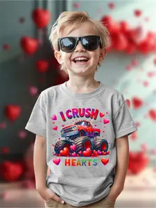 Boys Valentine's Day Parent-Child Theme Park Cool Cute T-Shirt, Funny Saying Shirt, Bigfoot Truck Heart Print, Trendy Casual, Perfect Gift